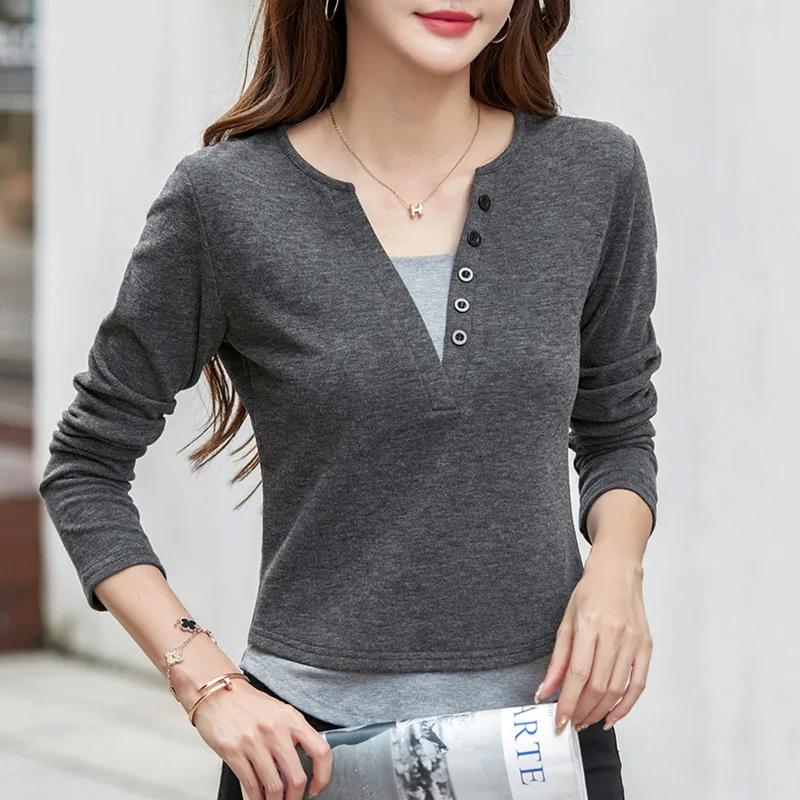 Spring Autumn Women\'s Pullover Hooded V-Neck Solid Button Patchwork Long Sleeve Undershirt T-shirt Office Lady Elegant Tops