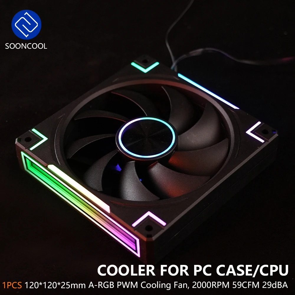 

SOONCOOL 1 шт. кулер для корпуса ПК 120*120*25 мм ARGB PWM охлаждающий вентилятор для процессора, 2000 об/мин 59CFM 29 дБА