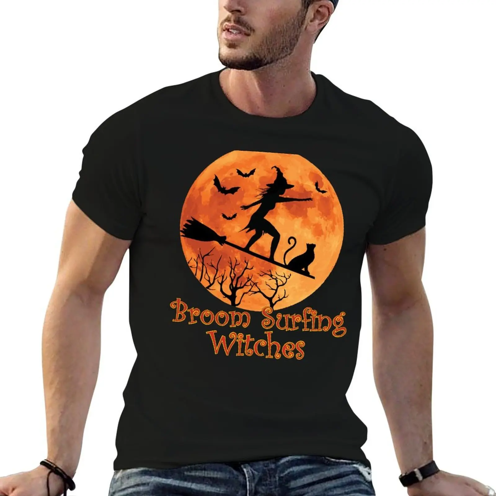 Broom Surfing Witches Halloween T-Shirt funny t shirts cotton man t shirt cotton high quality t shirts cotton 100% T-shirt
