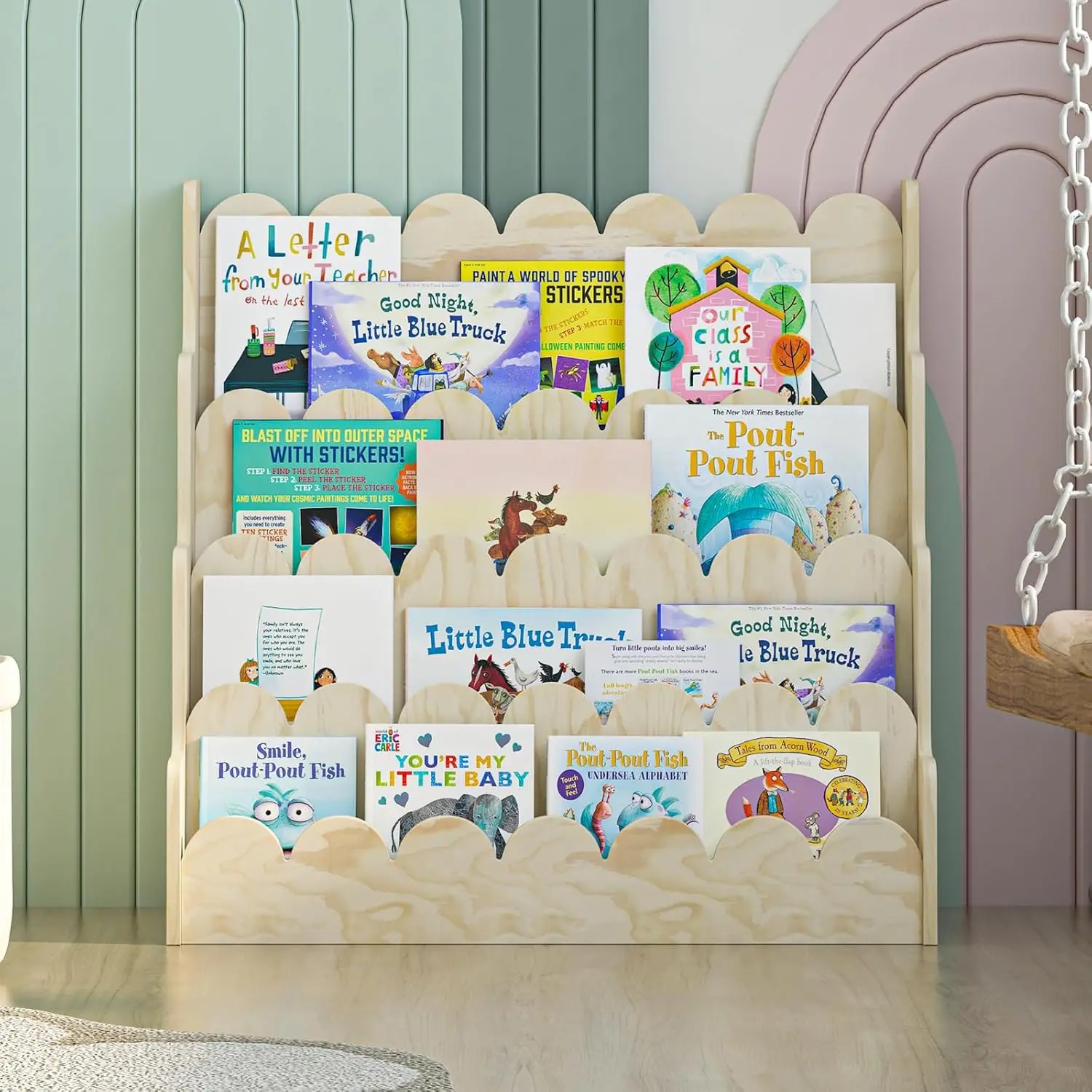 

Wood Kids Bookshelf Scalloped Montessori Toddler Nursery Bookcase Baby Book Magazine Display Shelf 4 Tier Front Facing C