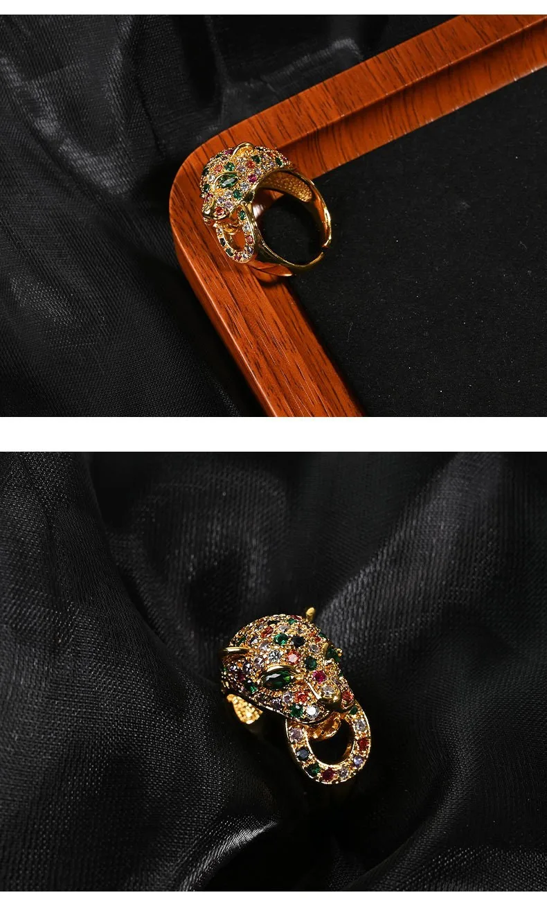 Unique High-End Leopard Open Ring Copper Gold Plating Animal Full Rhinestones Ring Jewelry Accessory Birthday Gift for Women Men