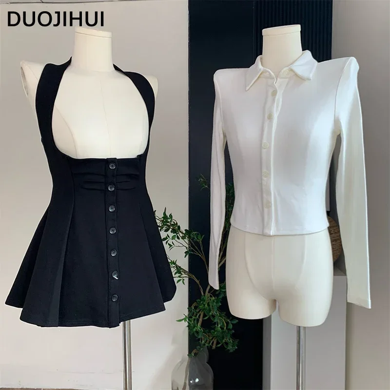 DUOJIHUI Two Piece New Sexy Chic Halter Female Dresses Basic Polo Neck Fashion Button Shirt Slim Simple A-line XS-L Women Dress