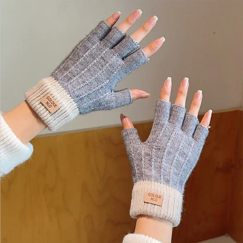 Knitted Thick Thermal Half Finger Gloves Women Men Winter Outdoor Warm Wool Driving Fingerless Glove Touchscreen Mittens