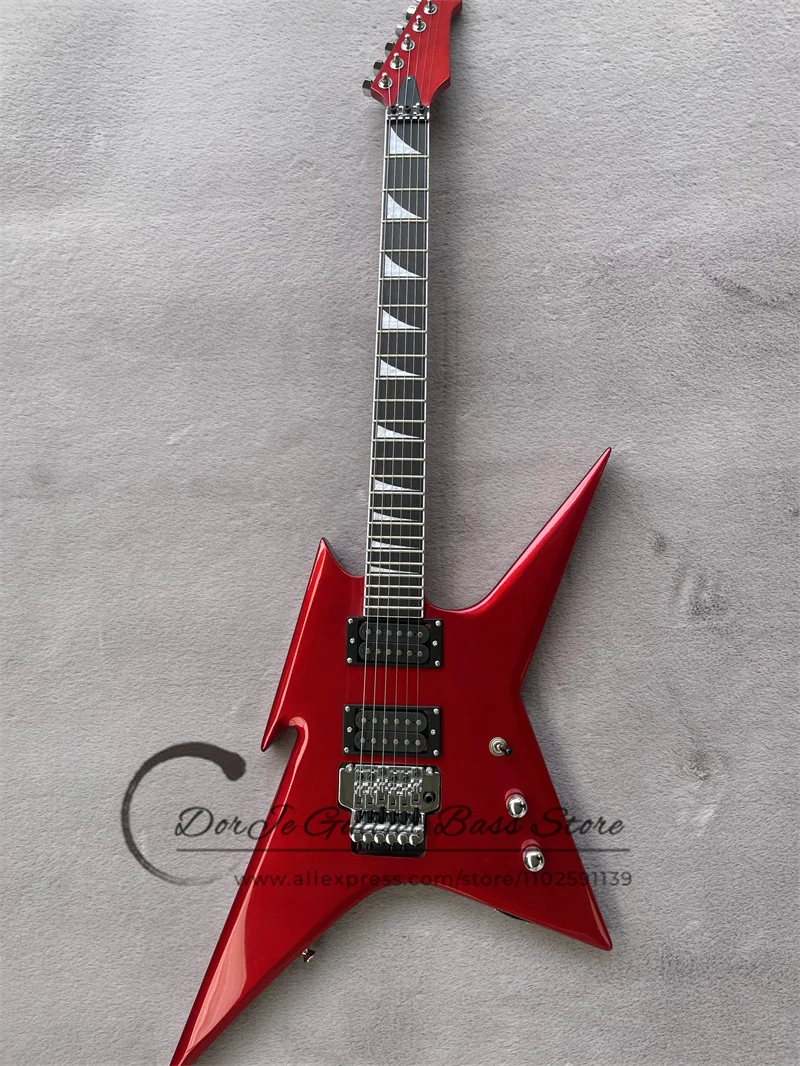 Metal Red Electric Guitar Abnormal Shape Body Tremolo Bridge HH Pickups Rosewood Fingerboard Pearl Mosaic