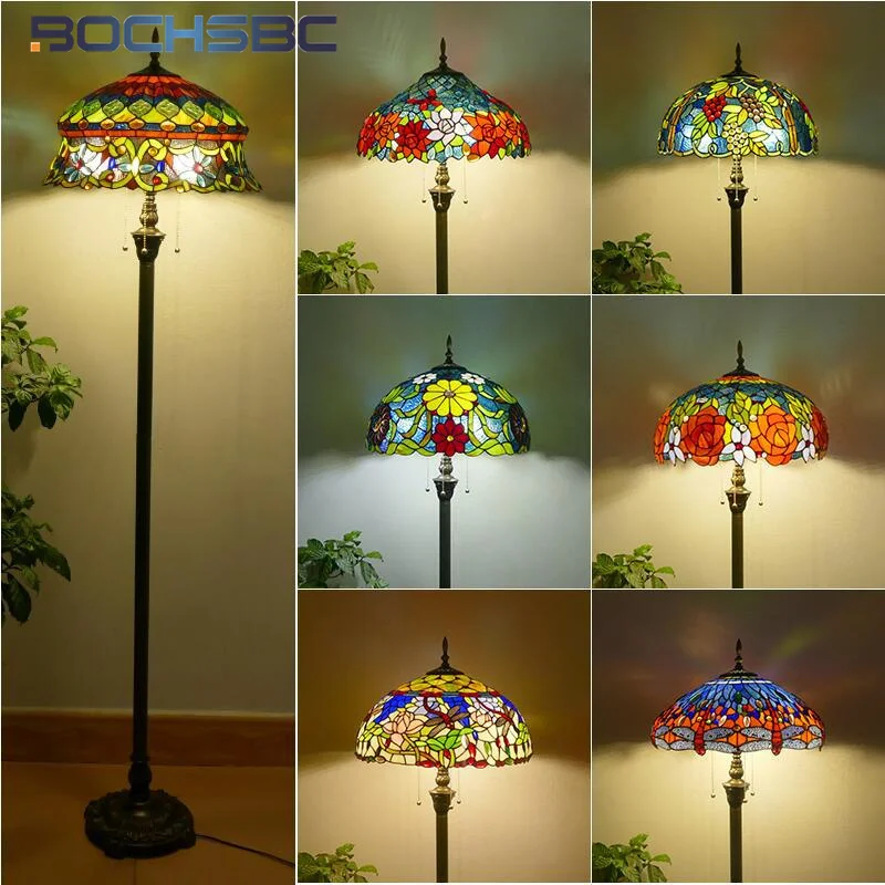 

BOCHSBC Tiffany style stained glass 18inch European retro floor lamp iron base for study bedroom living room hotel LED decor