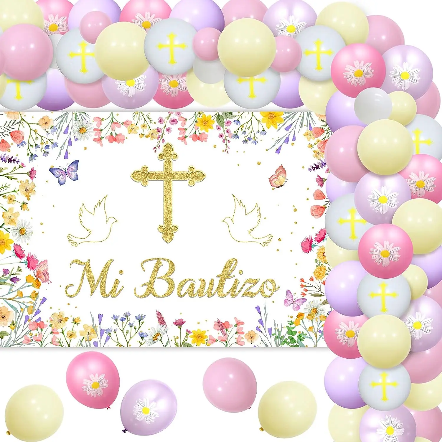 

Wildflower Baptism Decorations for Girls God Bless Mi Bautizo Backdrop Christening First Communion Balloons Garland Arch Kit