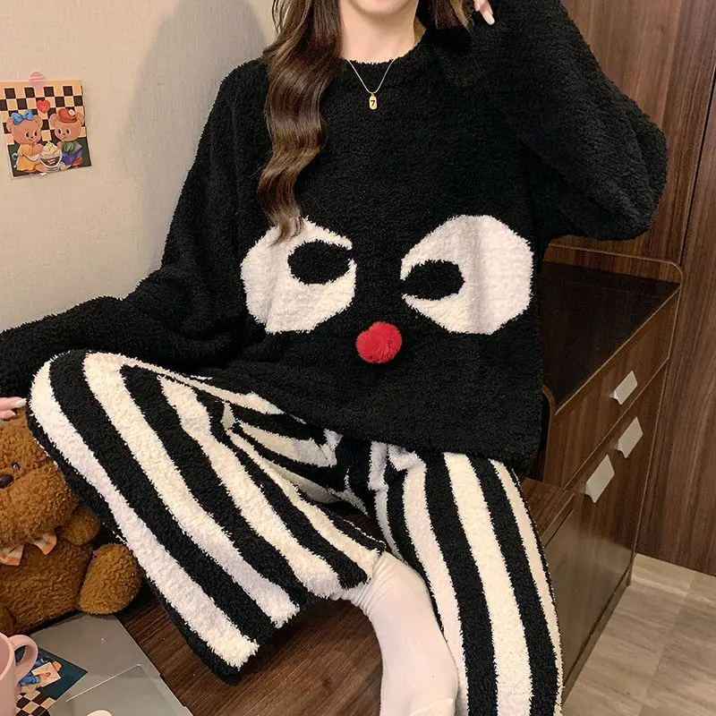 

Пижамы женские осенне-зимние новая модель на флисовой подкладке утепленная корейская версия милая свободная теплая домашняя одежда для отдыха дышащий костюм