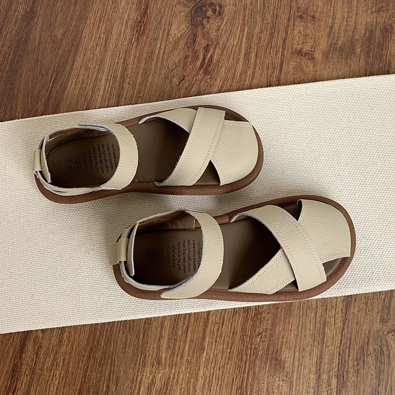 Preppy Bun Head Roman Sandals for Women Soft Soled Summer One-line Casual Comfortable Leather Thick Bottom Sandal Flat Shoes