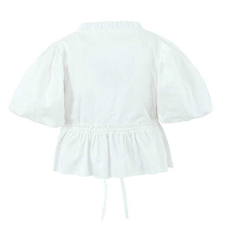 YENKYE Summer 2025 Women Sweet Wood Ears U Collar White Blouse Lace Up Drawstring Waist Hem Ruffle Crop Top Cotton Holiday Tops