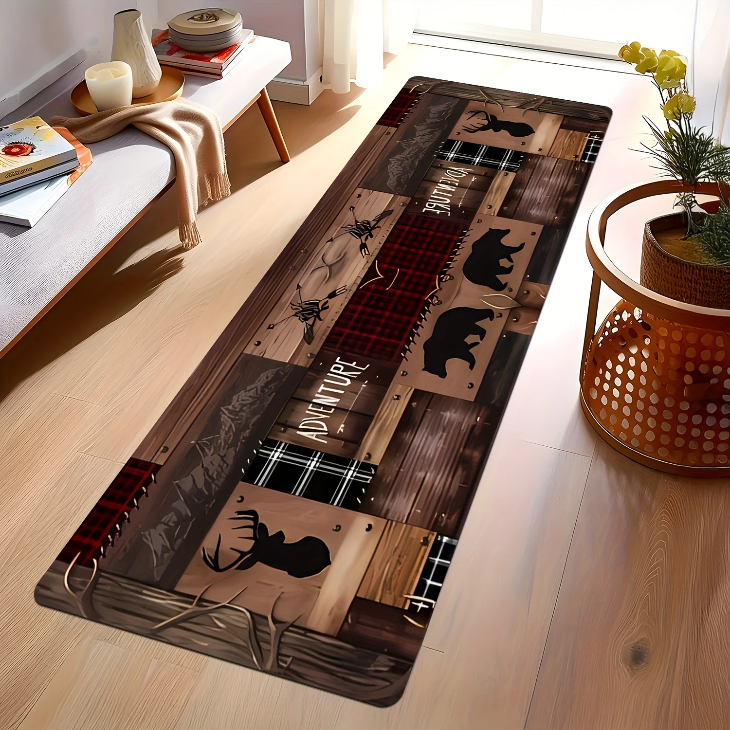 Dark Wood Plaid Bear Moose Hall Runner Mat Anti Slip Absorbent Rug Adventure Wildlife Print Carpet for Hall Kitchen Bathroom