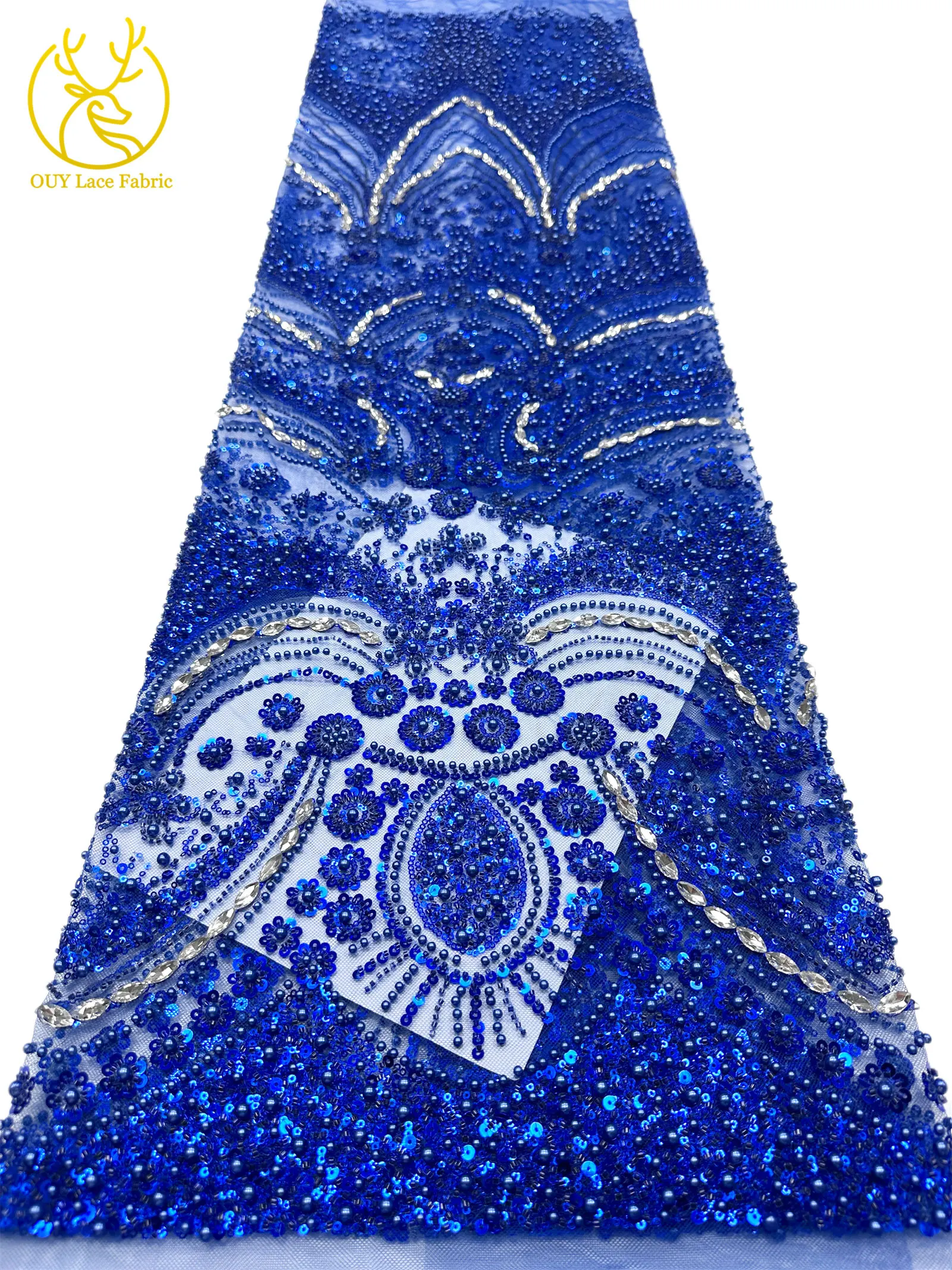 Luxuriöser königlicher lila afrikanischer handgefertigter Perlen-Spitzenstoff, französischer Pailletten-Stein-Tüll-Spitzenstoff für Hochzeitskleid-Design – Detail 26