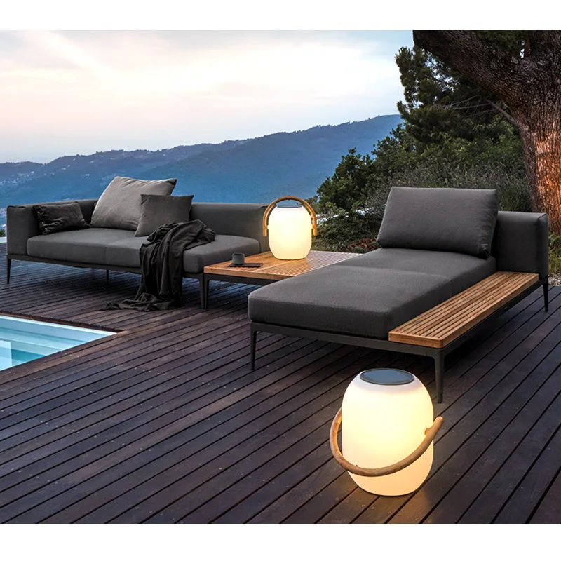 Cast Aluminum Patio Outside Furniture Pool Outdoor Backrest Thick Seat Cushions 4 Seat Teak Wood Sofa