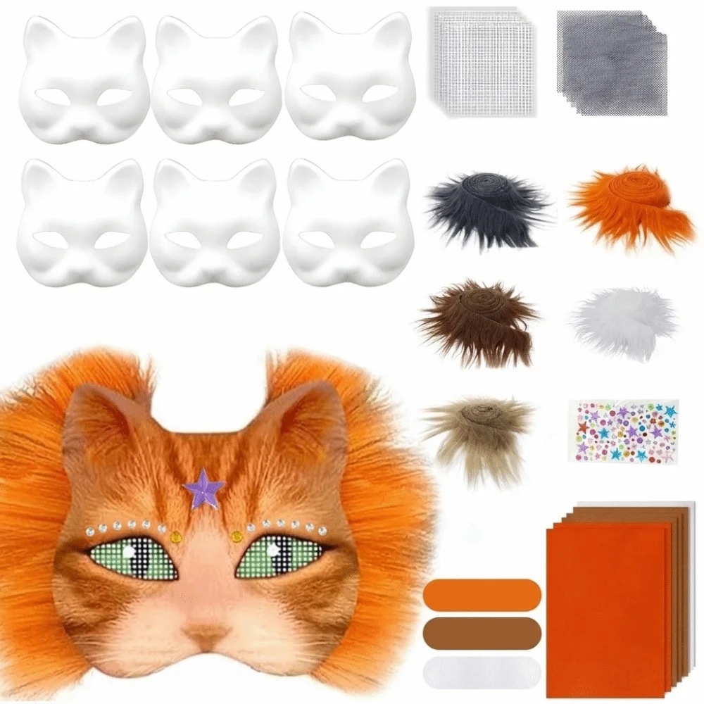 DIY Kit Blank Cat Mask Making Kit Paper Mache Fabric Straps Animal Half Face Mask Painted Mesh Stickers Costume Accessory Set