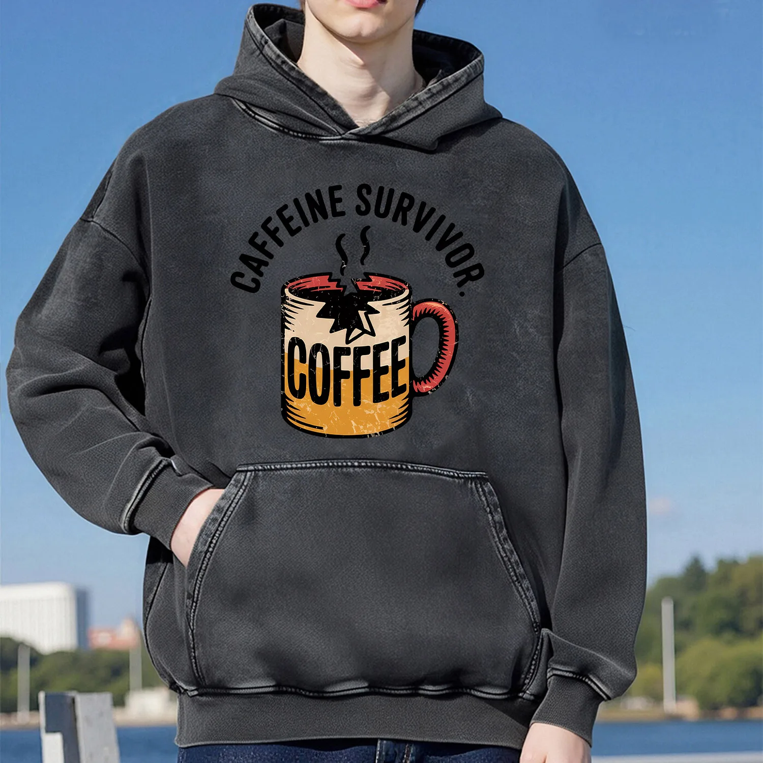 سويت شيرت بقلنسوة بنمط مغسول من القهوة للجنسين، نمط رياضي كاجوال مصنوع من القطن الخالص، طراز الشارع 400 جرام