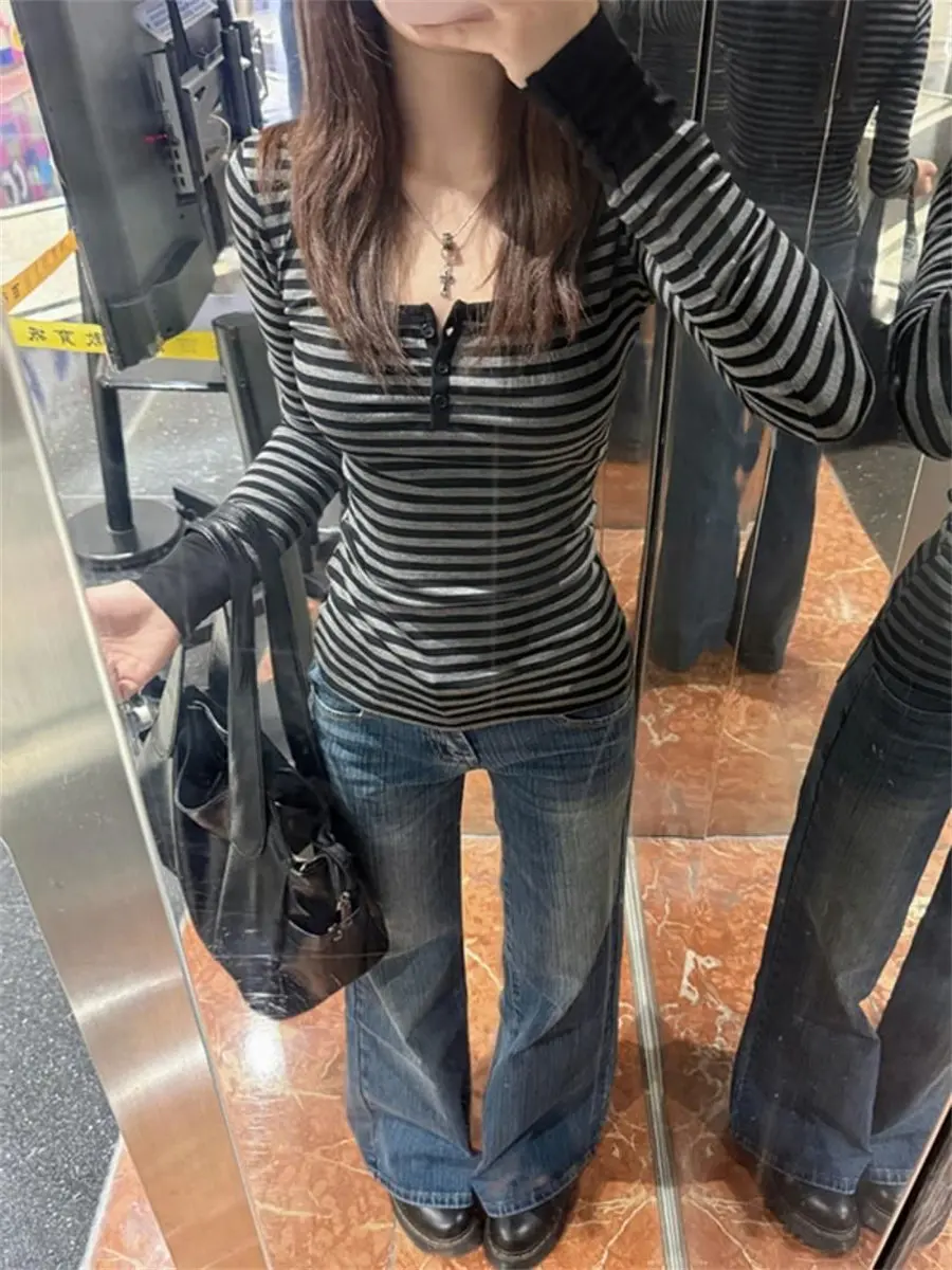 Slim Fit Long Sleeve T-Shirt Women's Spring Autumn New Style Korean Version Base Shirt Striped Sweet And Spicy German Velvet