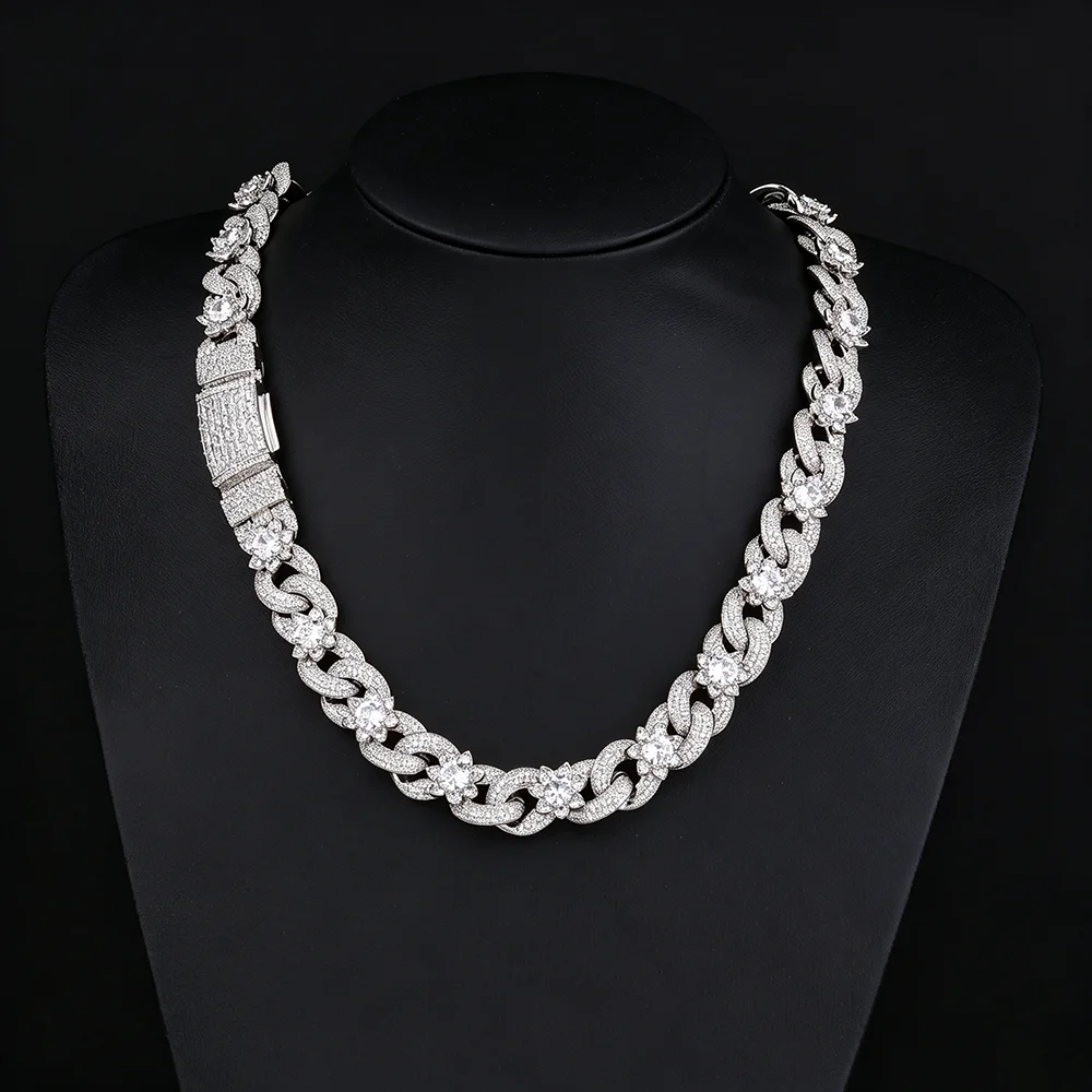 ESKEEM Full Iced Out Clear CZ Flower Infinite Cuban Chain Miami Thick Infinity Cuban Chain Necklace Hip Hop Jewelry for Men