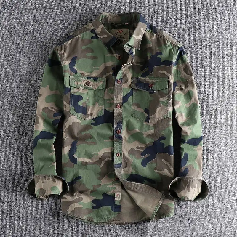 

Fashion Wash Camouflage N-Style Workwear Long-Sleeved Shirt Men's Double Pockets Casual Military Youth Blouse