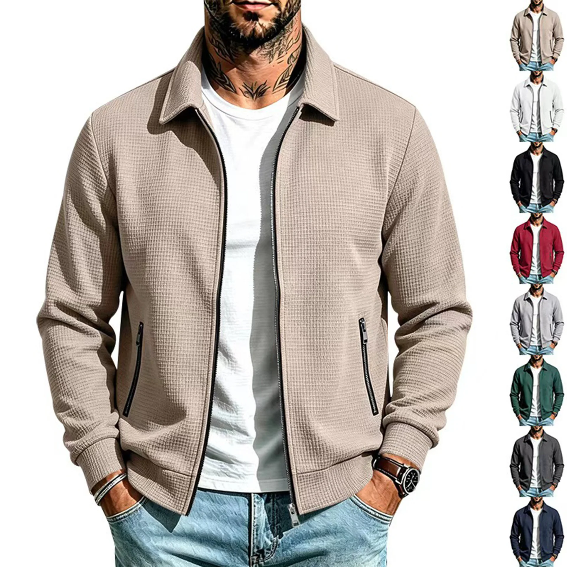 Men Jacket Turn Down Collar Zipper Full Sleeve Coat Y2k Streetwear Work Casual Solid Basic Jackets Sport Outerwear Autumn Winter