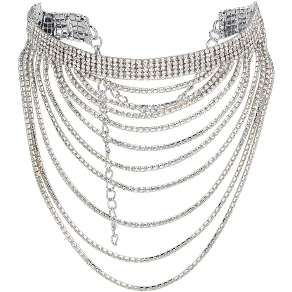 

1Pc Brass Rhinestone Cup Chains Multi Layered Necklace Statement Collar Necklace for Women Platinum 17.91 inch(45.5cm)