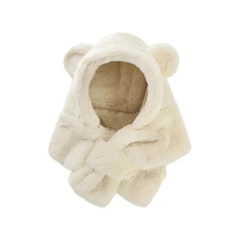 Winter Baby Hat Scarf One-Piece Faux Fur Kids Hats Cartoon Bear Warm Neck Ear Cap for Boys Girls Windproof Beanies Infant Stuffs