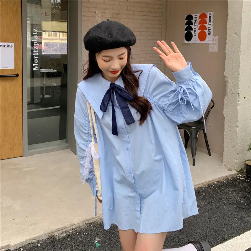 

Shirts Women Solid Long Sleeve Sailor Collar Students All-match Spring Autumn Simple College Streetwear Mujer Clothing Stylish