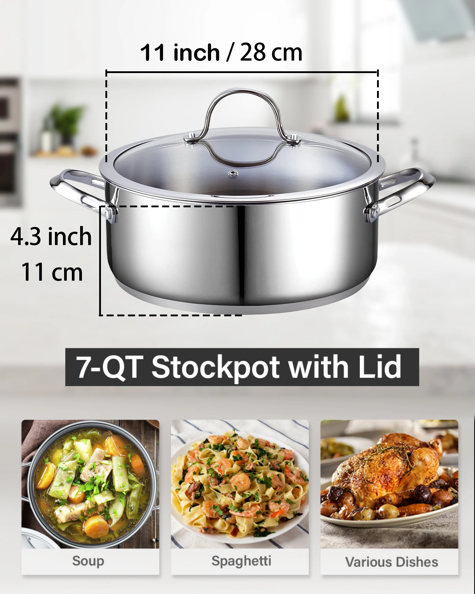 7-Quart Stainless Steel Stock Pot with Glass Lid Large Cooking Pot Sauces Soups Pastas Riveted Handles Even Heat Distribution