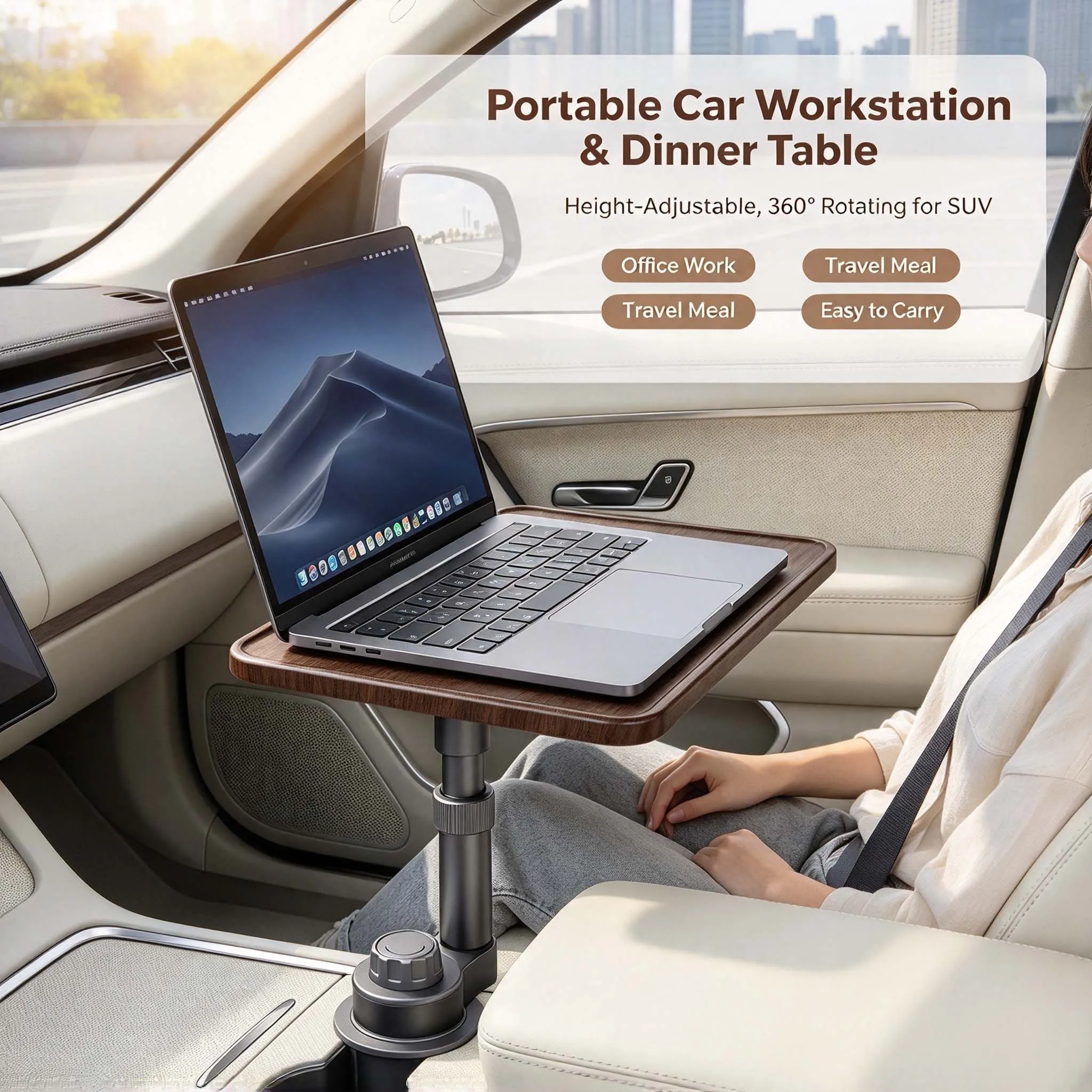 Height-Adjustable Solid Wood Car Laptop Desk 360° Rotating Magnetic Alloy Support Arm Portable Workstation Dinner Table for SUV