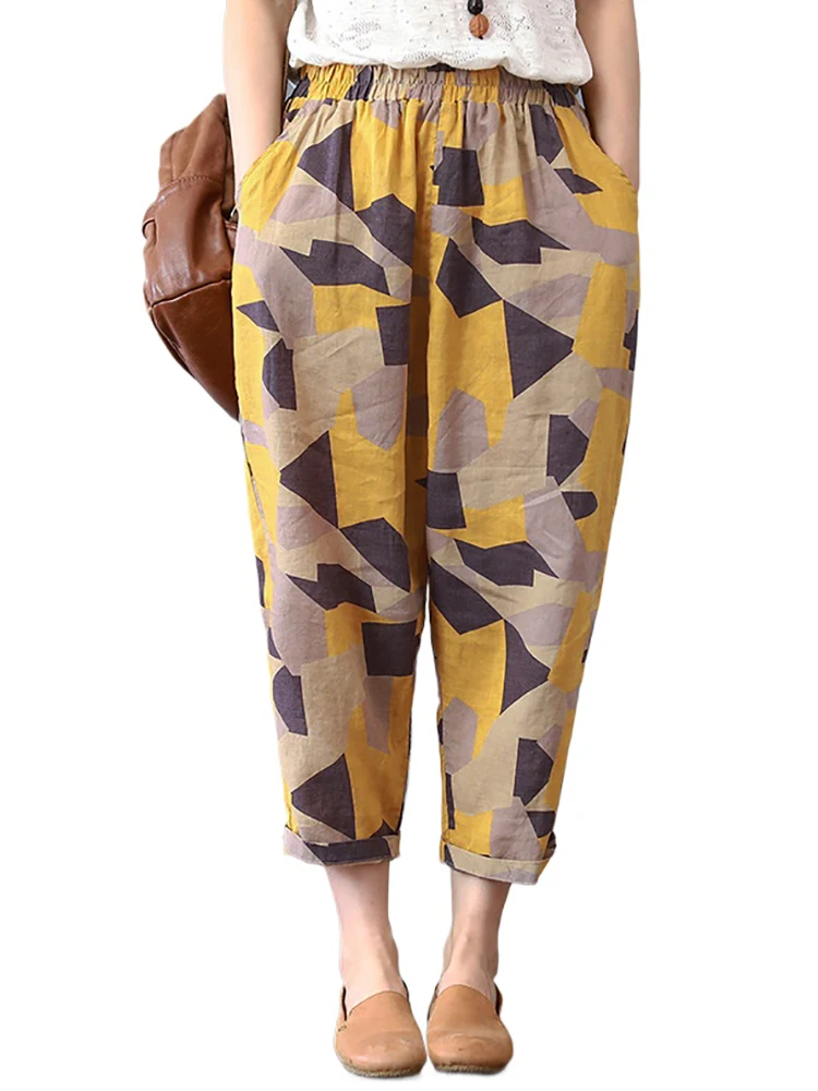 Summer Harem Pants for Women Retro Fashion Print Loose Cotton Linen Pants Printed Ankle-Length Pants Casual Wide Leg Pants Women