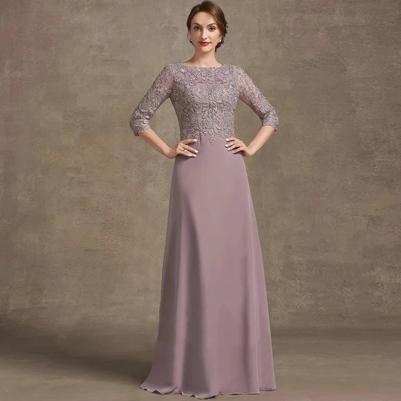 

Elegant Lilac Mother of the Bride Dress Lace Embellished Evening Dress Half Sleeve Chiffon Formal Gown for Wedding Guest Dress