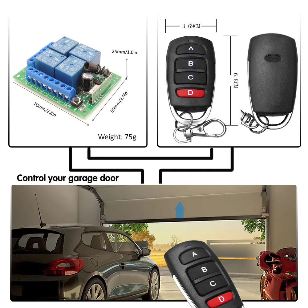 433Mhz RF Wireless Relay Receiver Switch  DC 12V 4 Ch 10A Relay Controller and Rf Transmitter for Gate Door Opener Light Diy