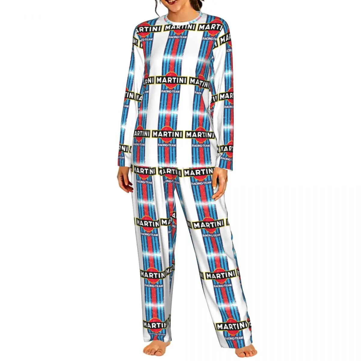 Martinis Race Sportscar Motor Racing Round Neck Long Sleeve Nightgowns for Sleeping Sleepshirts Women Loose Pajama Set Long Pant