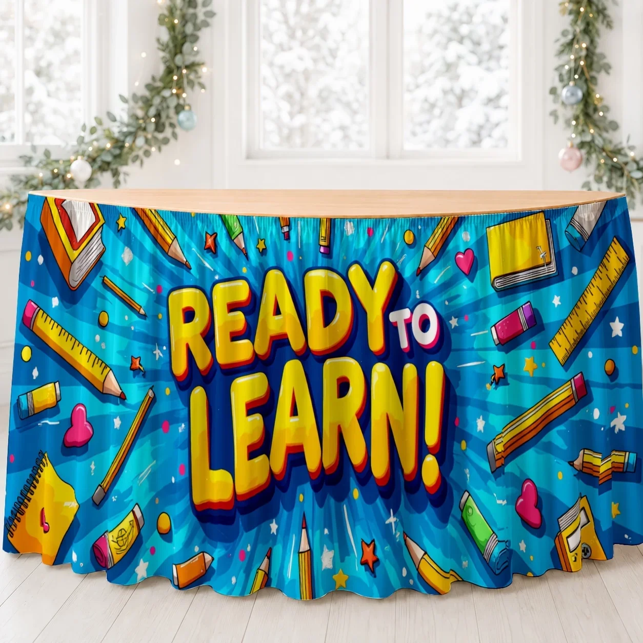 One set of table skirt. Instantly usable printed table skirt. Cheerful, educational and colorful return to school.