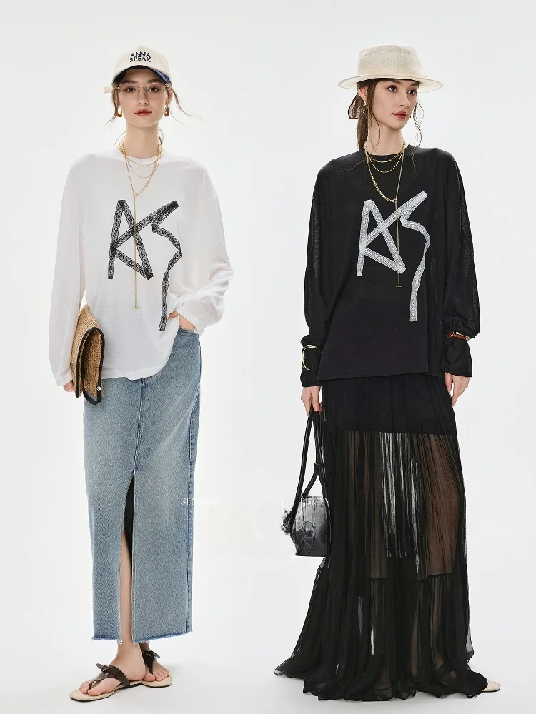 

Ele Casual Handmade Lace Pattern Airy Long Sve T-irt by Annaspeak Comfortable Loose Fit Summer Top for Women