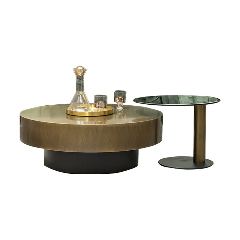 

Light luxury round coffee table high-end sense size combination bronze brushed mobile