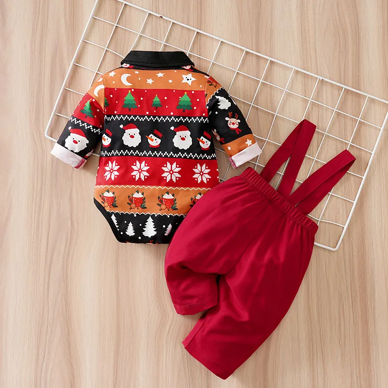 Christmas 2PCS Festival Baby Costume Triangle Jumpsuit+Trousers Party Lapel Father Christmas Snowflake Print Clothes Knitted New