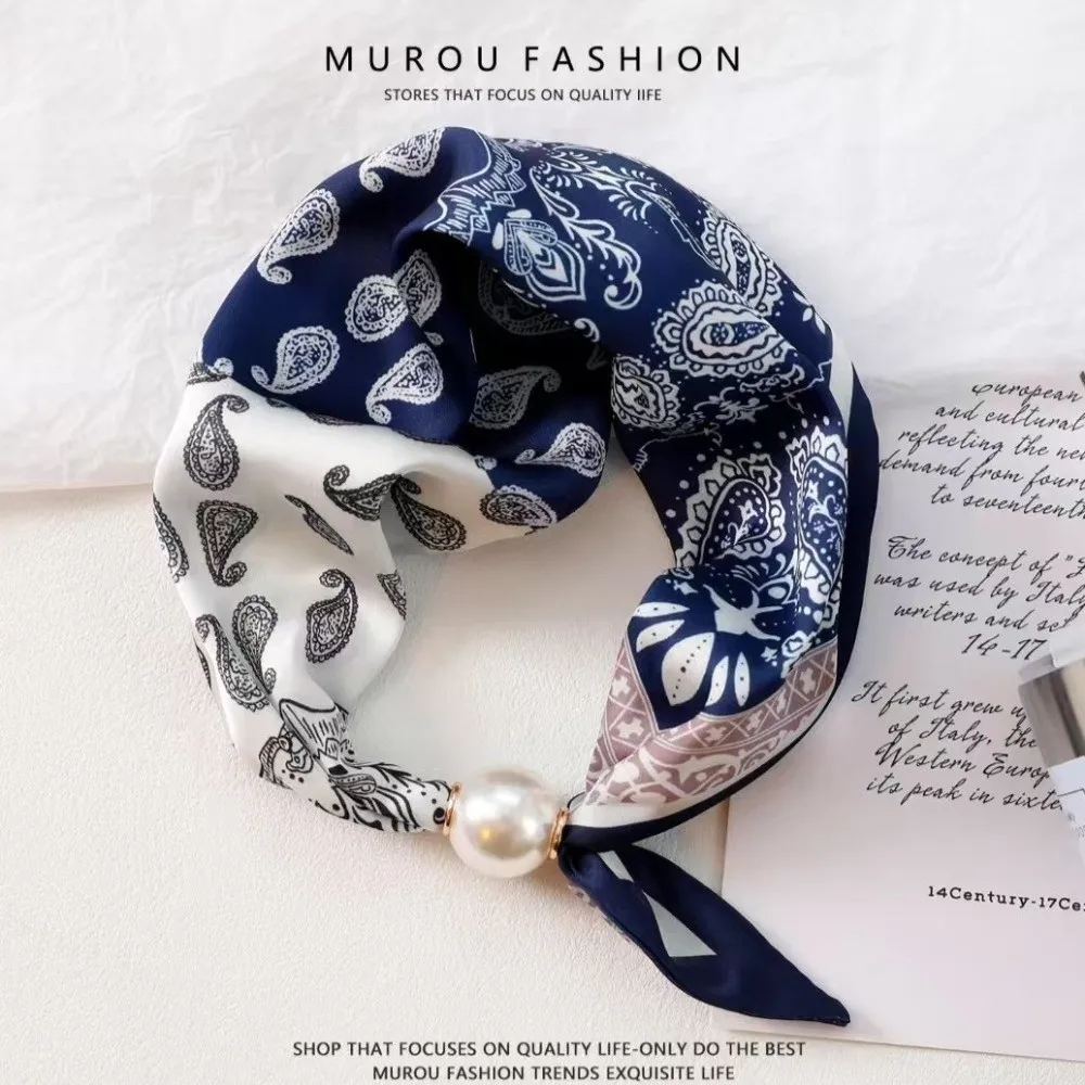 New Breathable Silk Scarf Printed Thin Magnetic Snap Scarf Lightweight Soft Faux Pearl Scarf for Professional Accessories