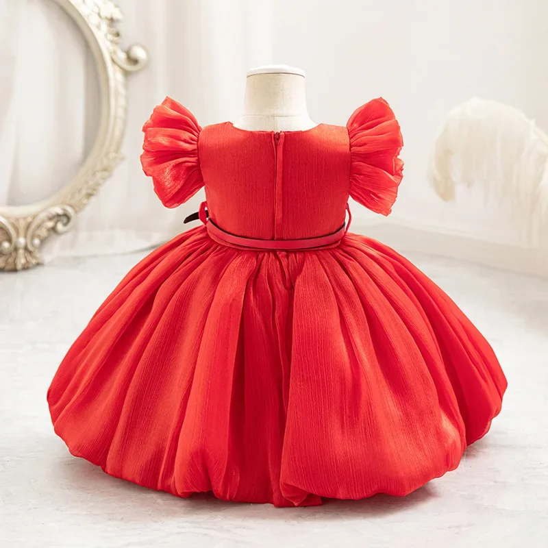 Toddler Girls Puff Sleeve Leather Sash Tulle A-line Dress Red Christmas Baby New Year Ball Gown 0-4 Years