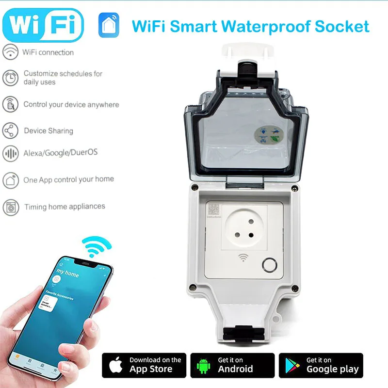 New 16A WiFi Smart Switch Socket IP66 Outdoor Waterproof Plug US UK AU Power Jack App Remote Control Support Google Home Alexa