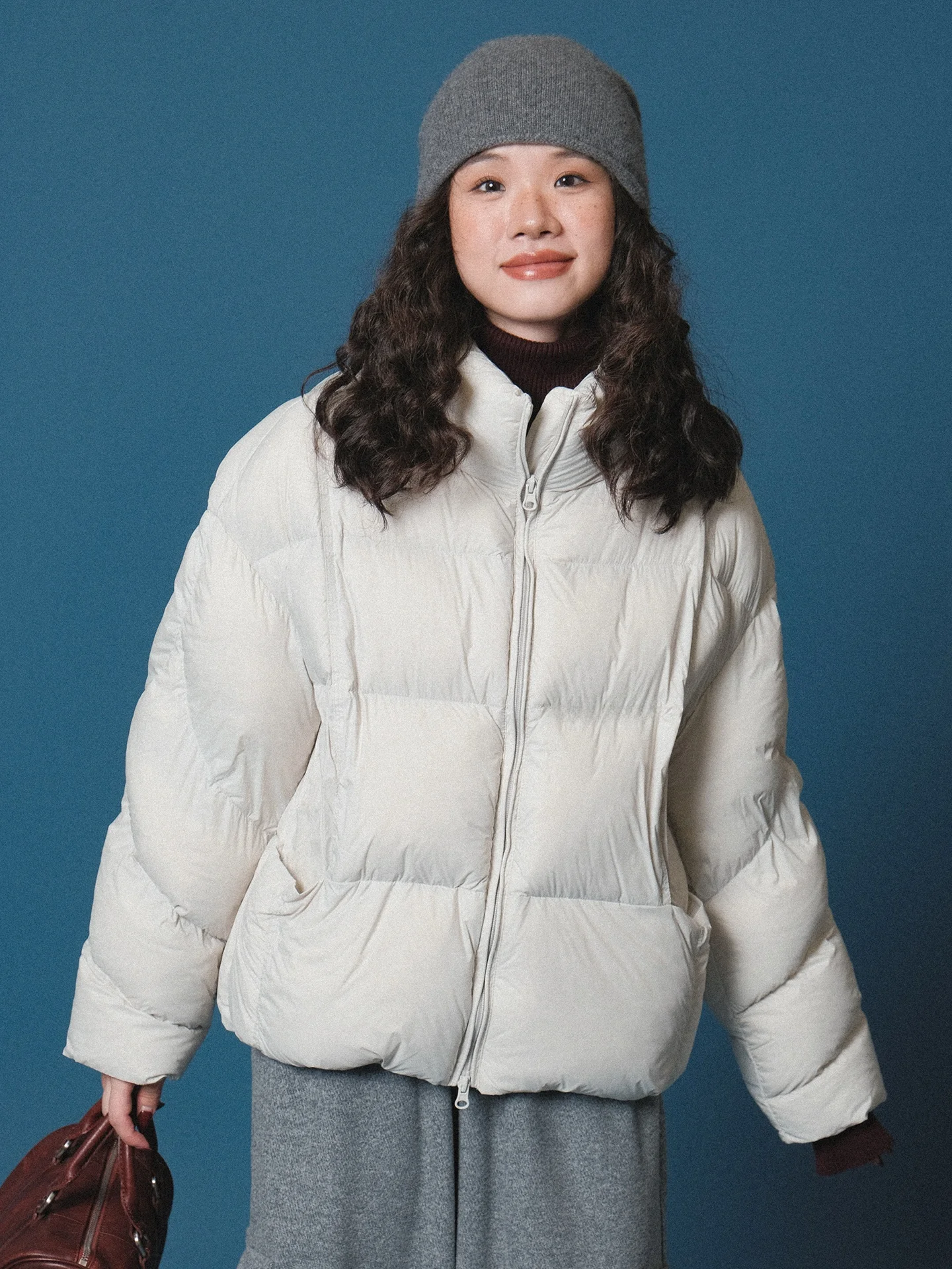 

Warm Ivy Yang Puff Line Stand Collar Fluffy Women's Winter Jaet Pure Color Bread Sle Coat Casual Thi Long Sve Zipper