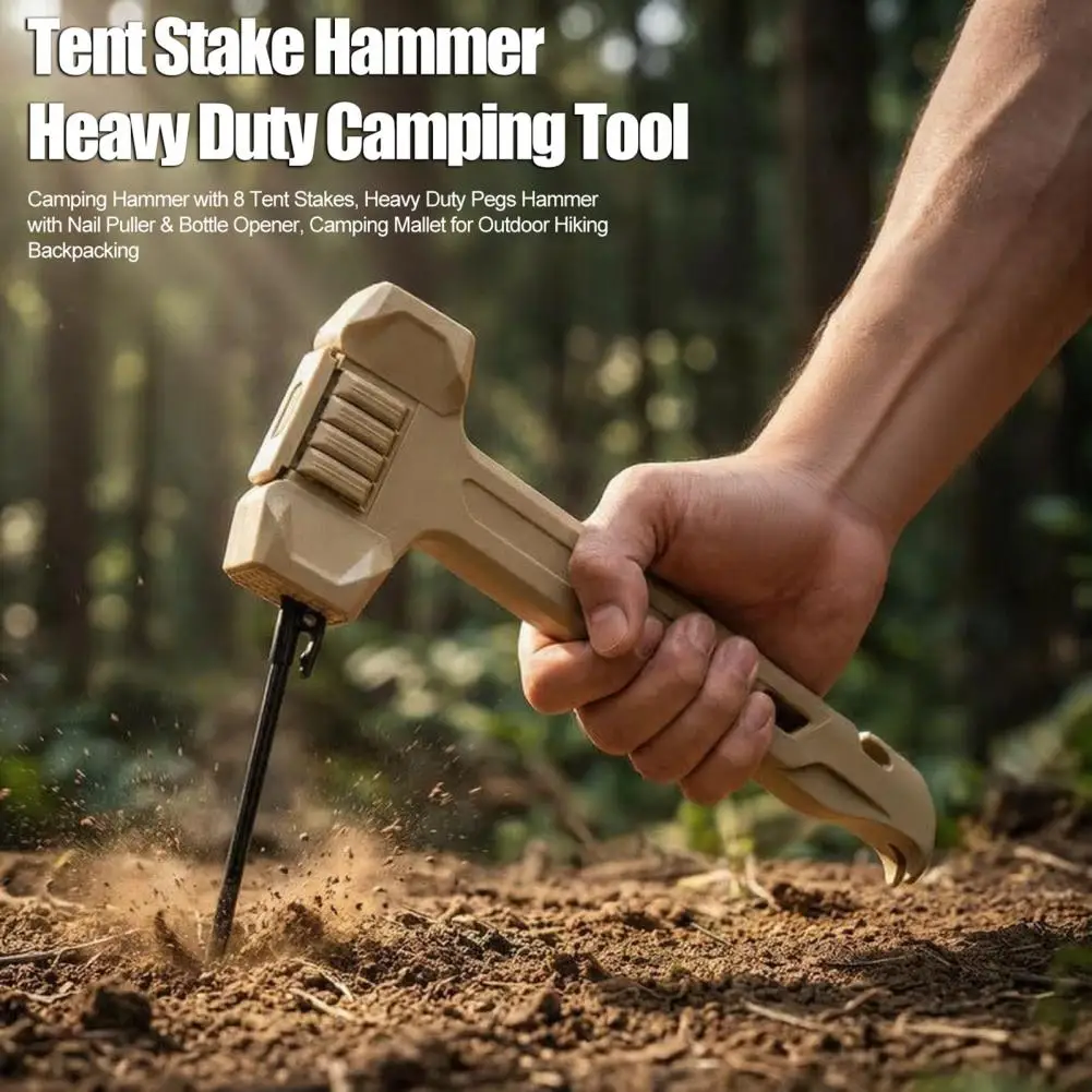 Durable Camping Hammer with 8 Tent Stakes, Heavy Duty Pegs Mallet with Nail Puller & Bottle Opener for Outdoor Hiking