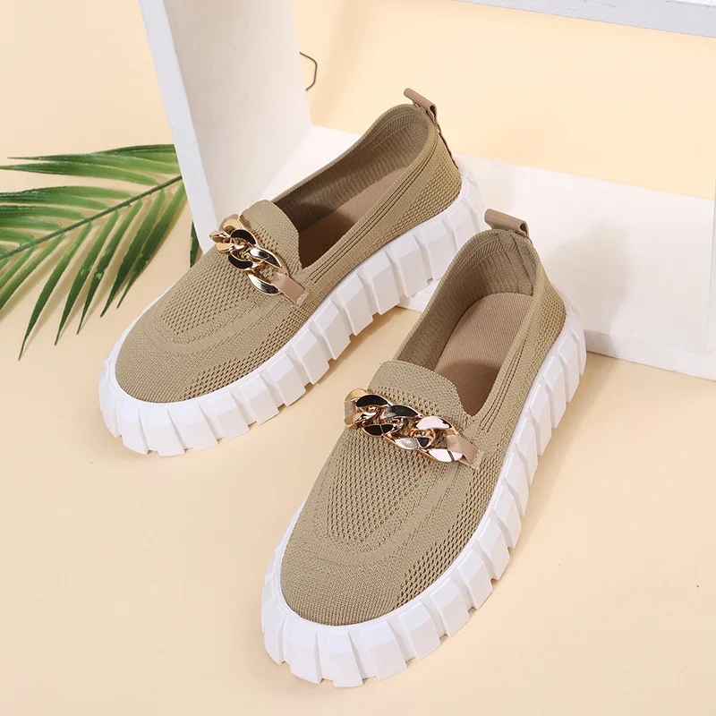 Spring Autumn Large Size 36-43 Women\'s Shoes Casual Metal Chain Muffin Bottom Breathable Mesh Thick Sole Shoes Tenis De Mujer