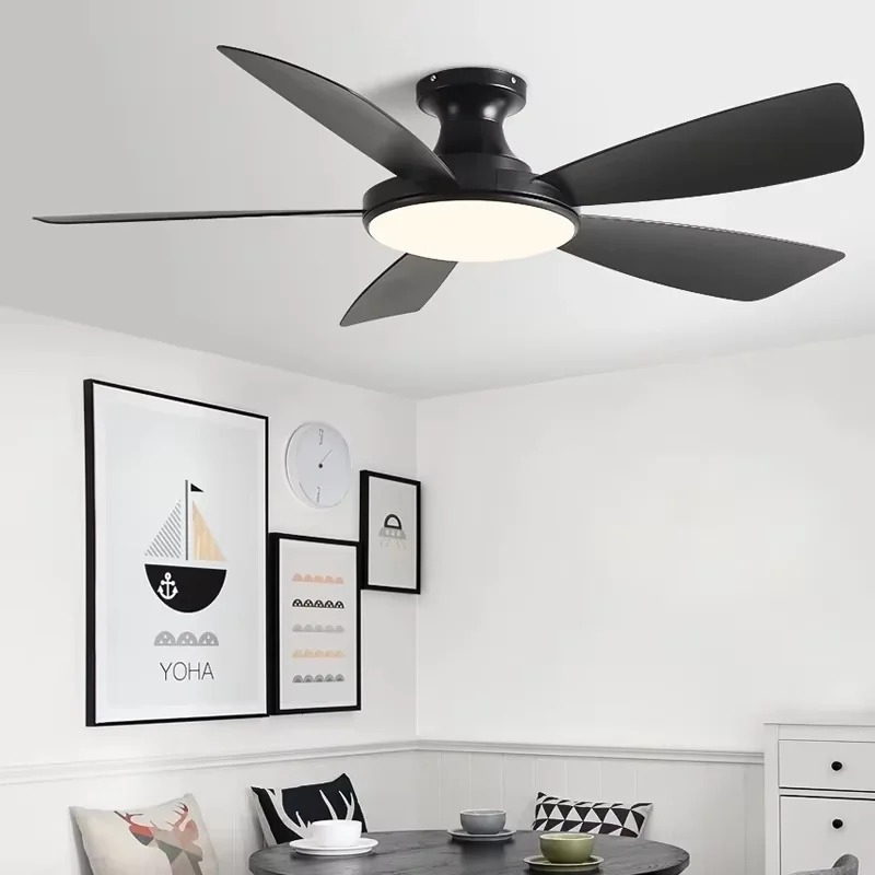 46/56 Inch Low Floor Ceiling Fan Light Modern Black ABS Blade DC Remote Control LED Fan Light Dining Room Bedroom