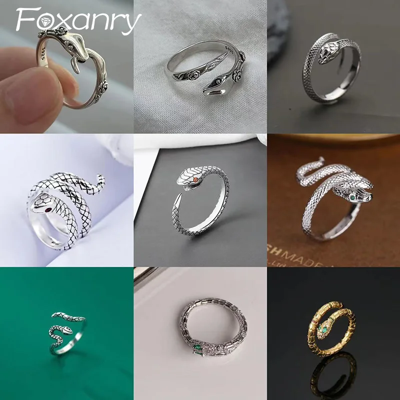 Foxanry Silver Color Snake Geometric Rings For Women Couples Fashion Simple Hip Hop Classic Personality Party Jewelry Gifts