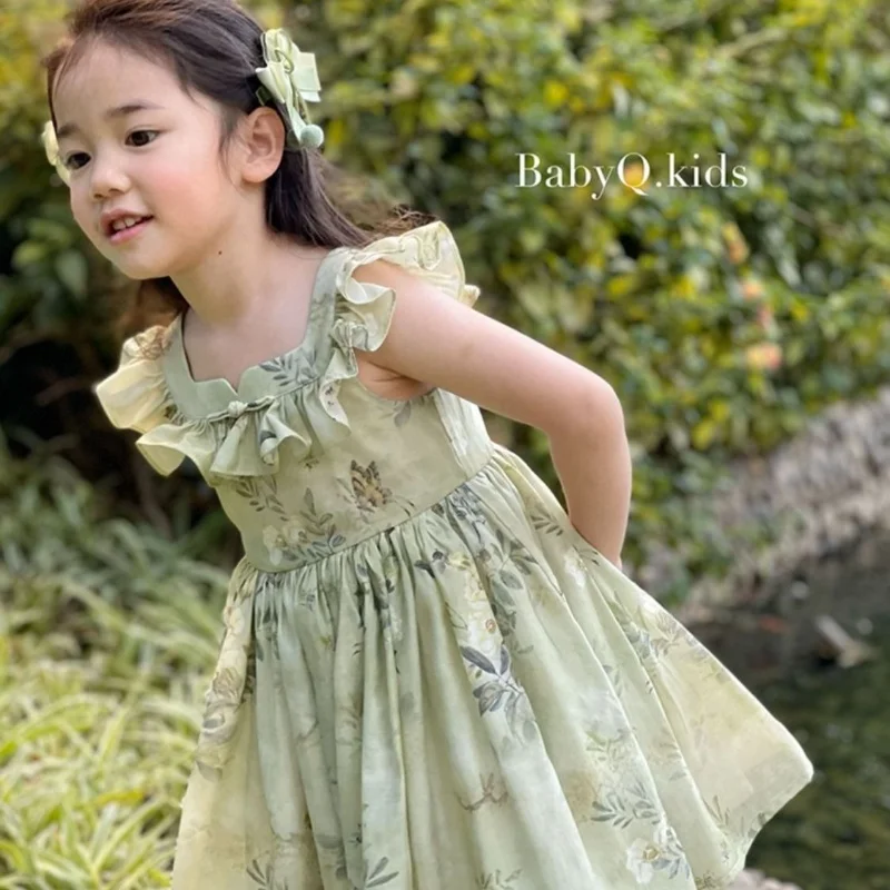 

National Children Floral Girl Party Princess Ball Gown Kids Daily Sleeveless Birthday Dress Green Tang Suit Baby Boutique Clothe