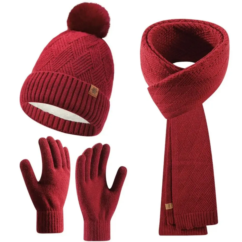 Gorro con forro polar de Color sólido, conjunto de guantes y bufanda, gorro de punto térmico grueso de lana, gorro suave y sencillo para invierno, clima frío, 3 uds.