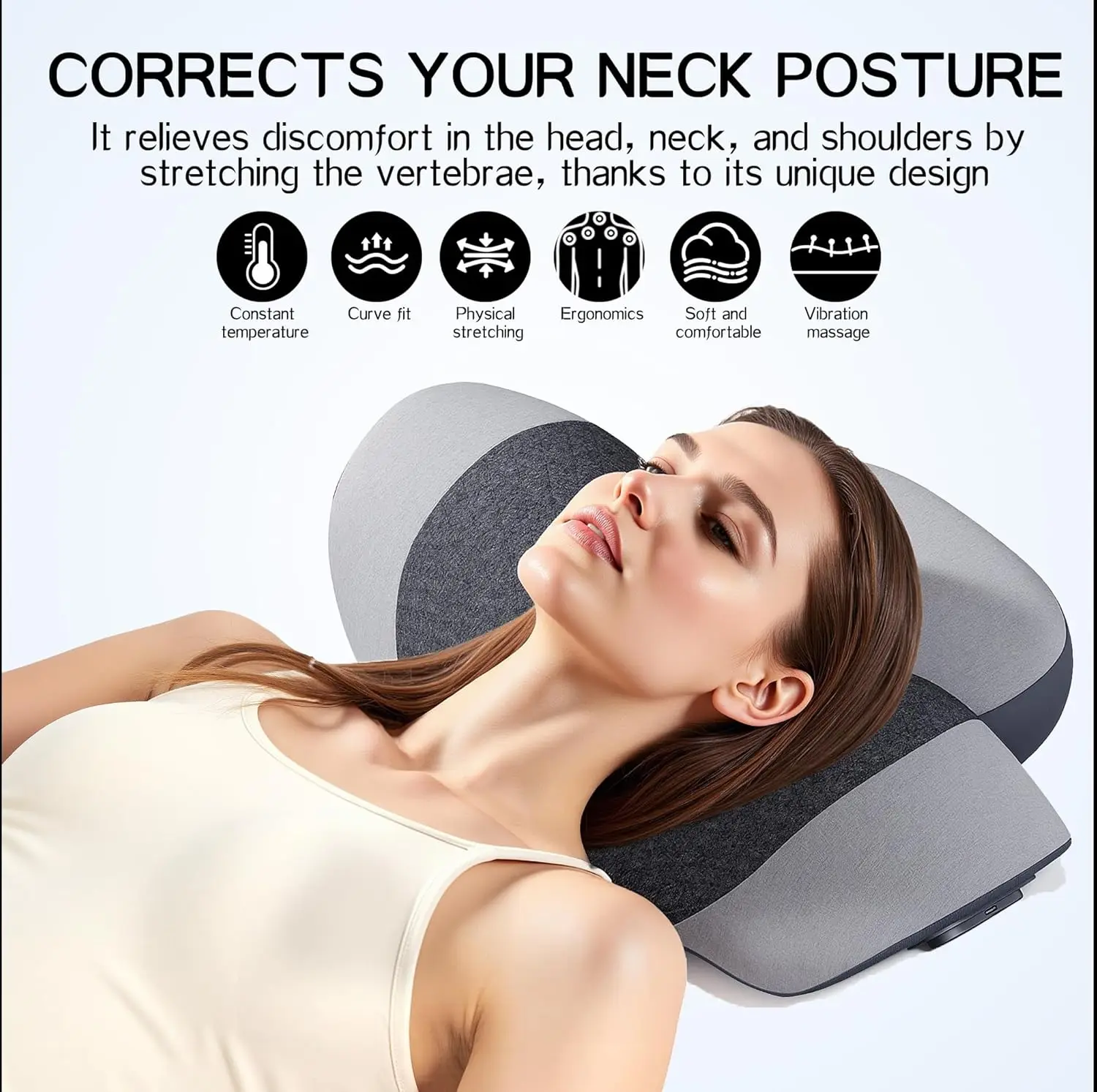 Almofada massageadora de pescoço 3 em 1 com suporte térmico e cervical, corretor de corcunda de espuma viscoelástica (cinza)