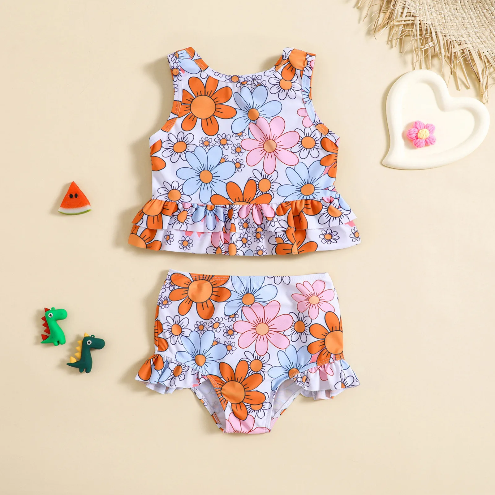 2024 New Summer Kids Toddler Girls Swimsuits Two Pieces Ruffle Bikini Set Beachwear Printed Bathing Suits Swimming Wear Clothes