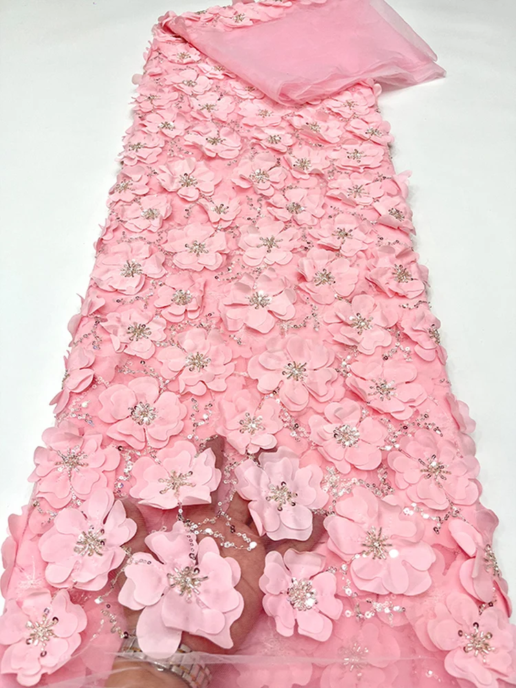 White Lace Fabric with Heavy Bead Tube Embroidery 3D Flowers Sequins Laser Dress Fabric Home Sponge Pad DIY Handcraft view 5