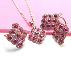 585 purple gold plated 14K rose gold inlaid ruby rhombus earrings for women chinese fashion elegant dinner party jewelry set