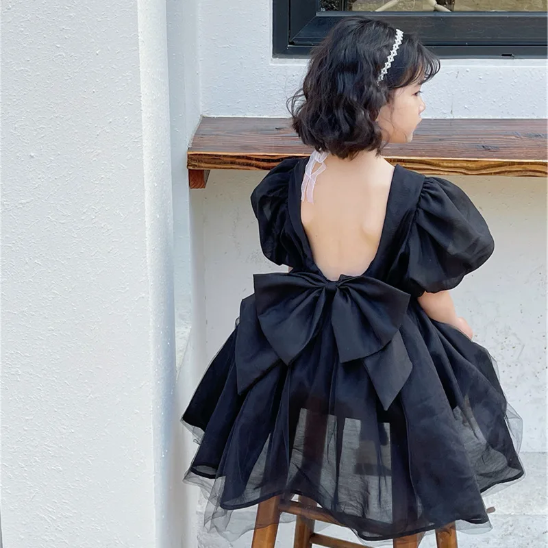 Girls Princess Dress New Korean Version Clothing Summer New Children\'S Temperament Black Dress Backless Puff Sleeves Swing Dress